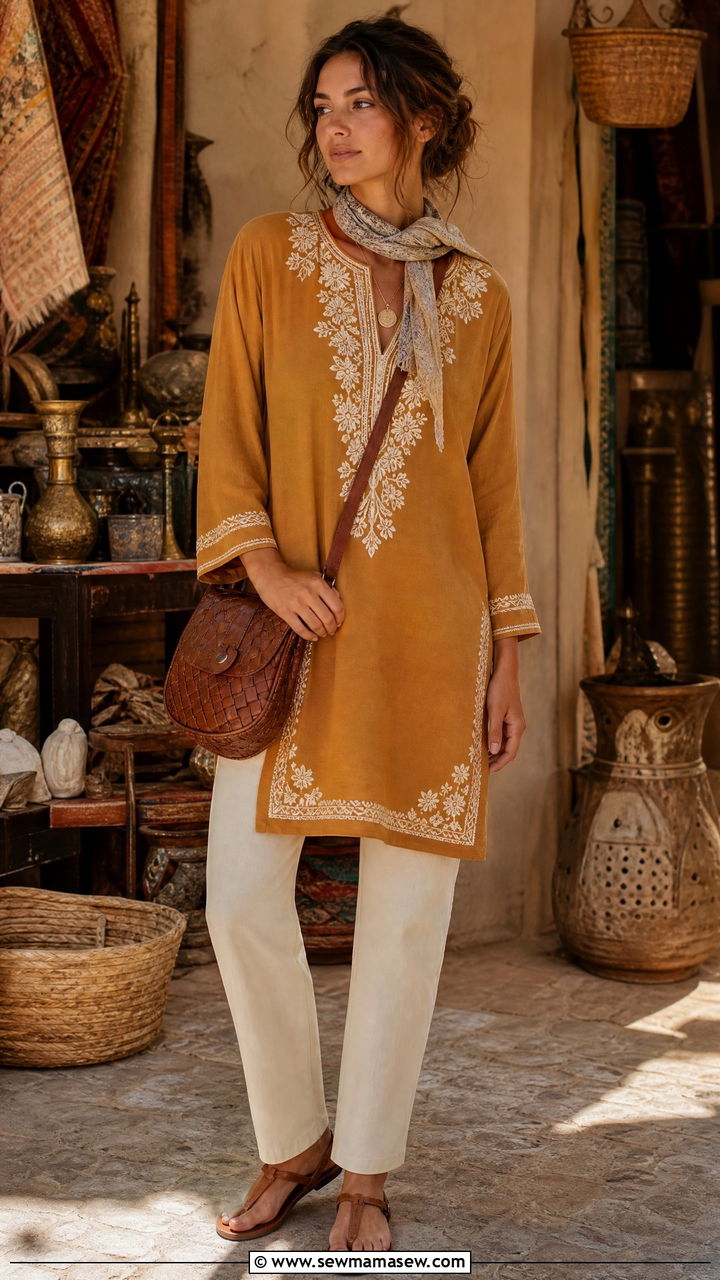 Embroidered tunic and pant outfit Egypt - 30 Egypt vacation outfit ideas modest