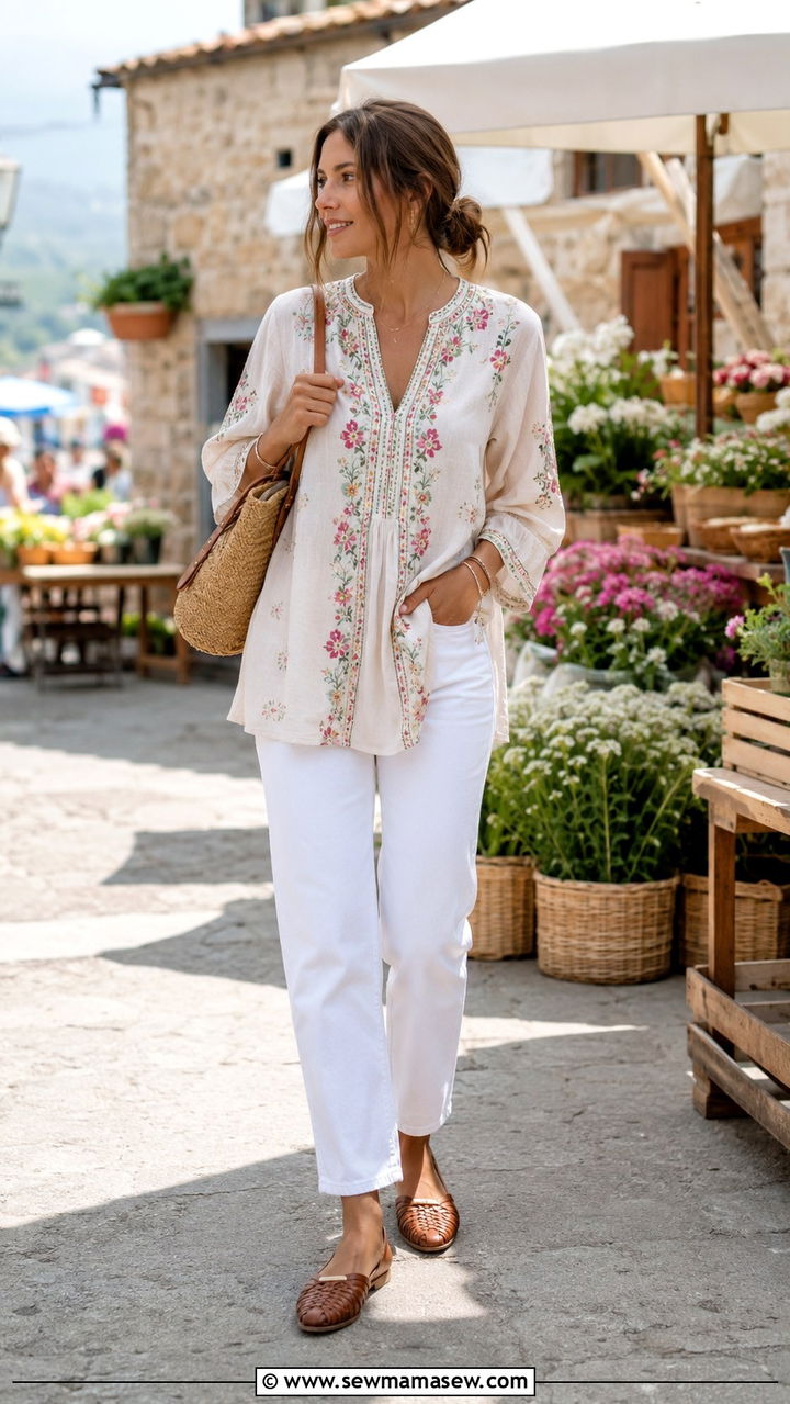 Embroidered tunic and white jeans - 30 spring cottagecore outfit ideas
