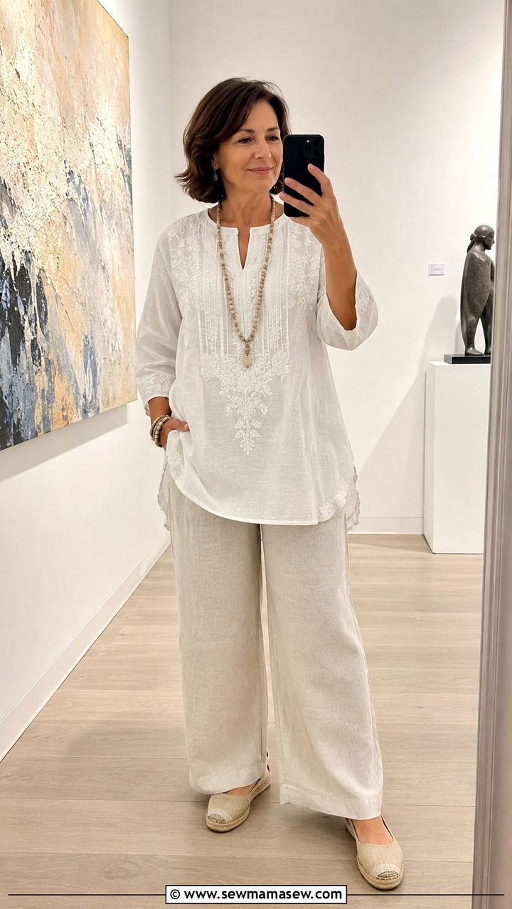 Embroidered tunic top with wide leg pants - 30 Boho outfits for women over 50