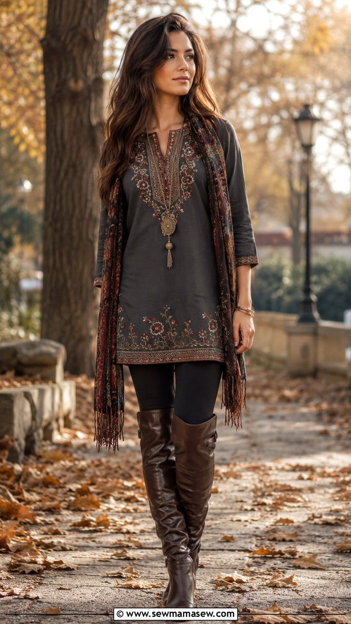 Embroidered tunic with leggings and boots - 30 Boho outfit ideas petite
