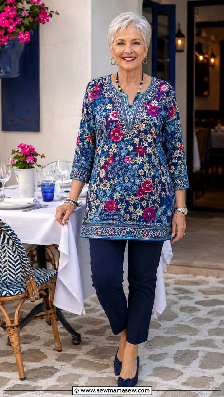 Embroidered tunic with slim ankle pants - 30 Chic outfits for women over 60