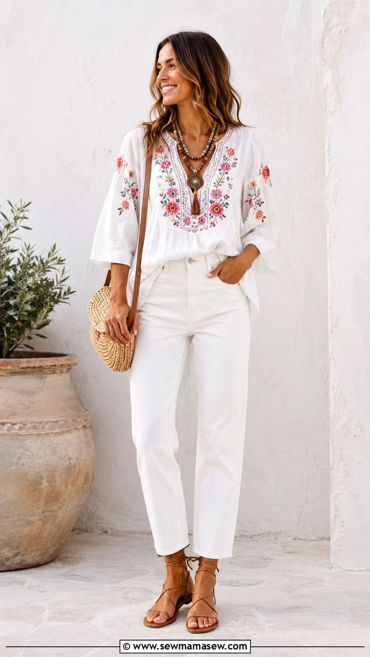 Embroidered tunic with white jeans - 25 Boho chic clothing ideas 2026