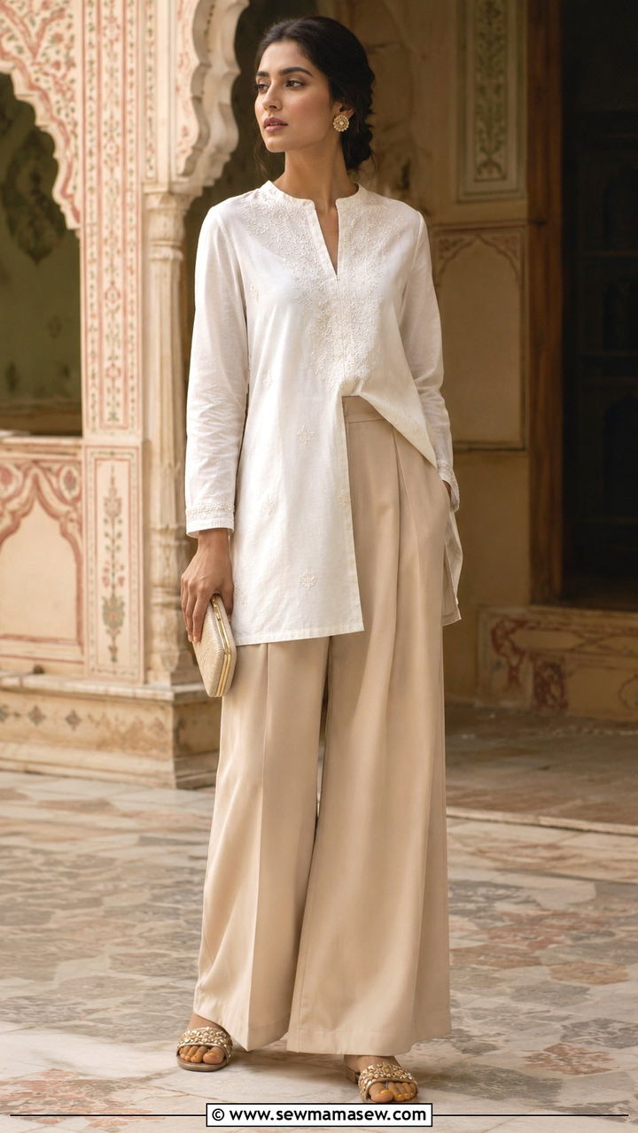 Embroidered tunic with wide leg trousers - 25 Balmy evening outfit ideas