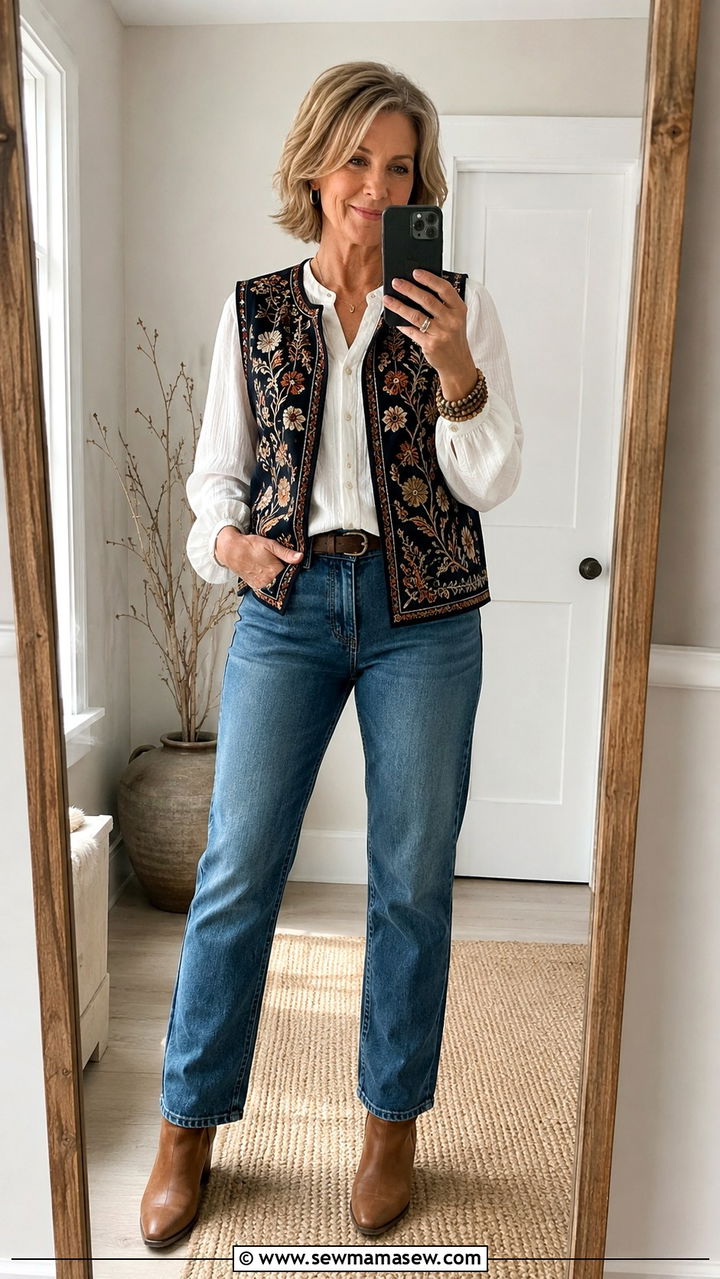 Embroidered vest over a simple blouse - 30 Boho outfits for women over 50