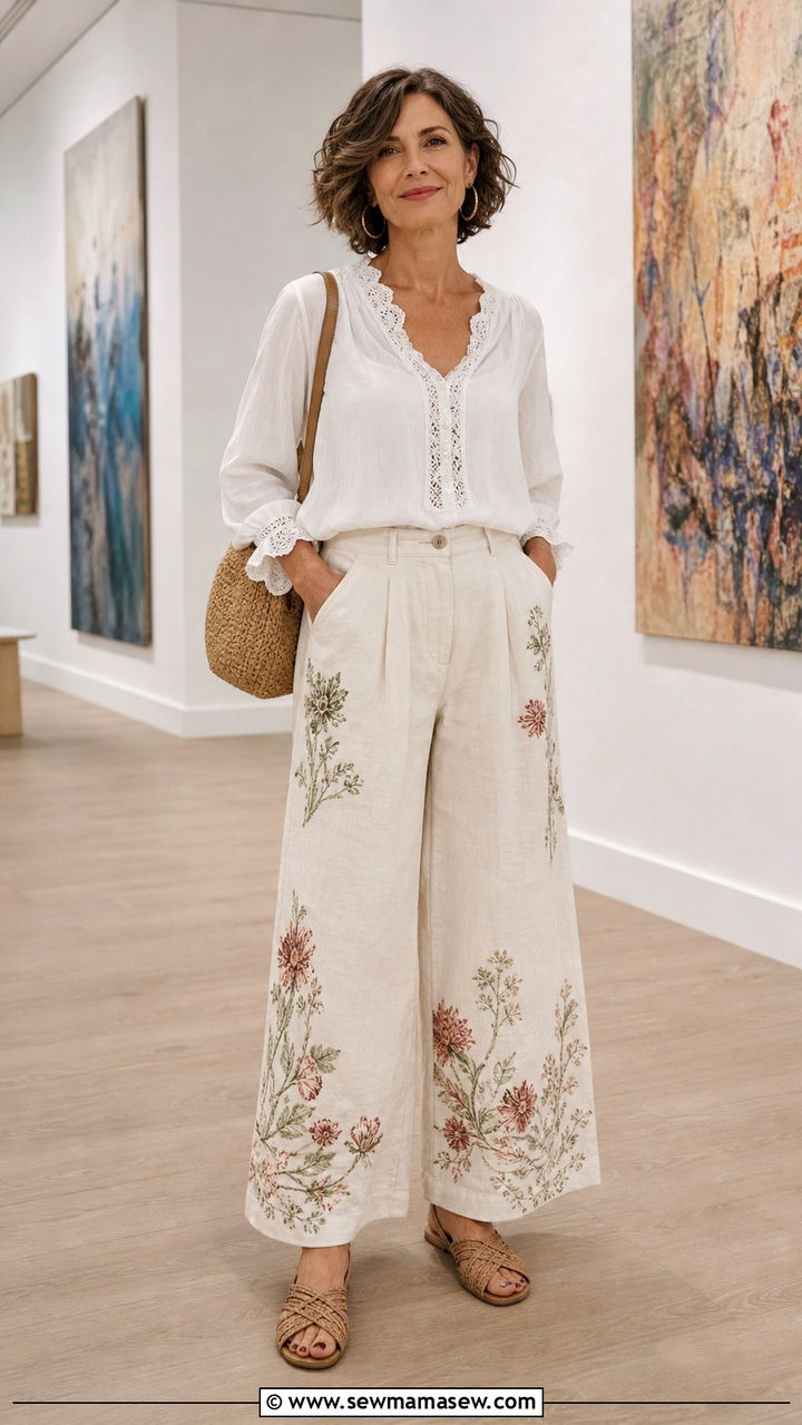 Embroidered wide leg trousers with white blouse spring outfit - 40 Spring outfit ideas for women over 40 2026