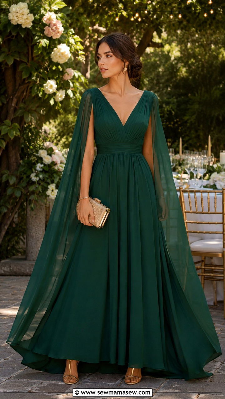 Emerald A Line Gown with Cape Sleeves - 25 Wedding guest outfit ideas for sister of the bride