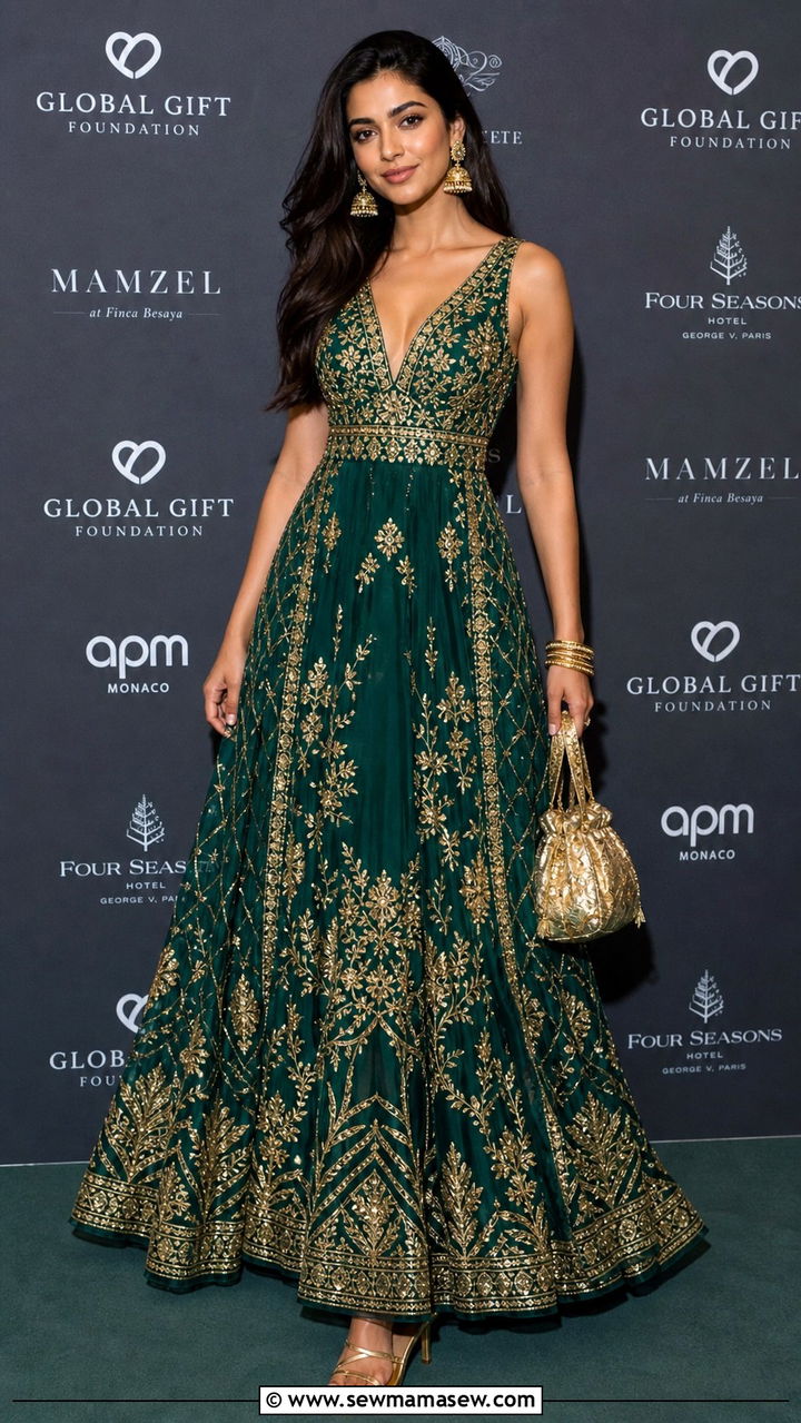 Emerald And Gold Lehenga Inspired Evening Gown - 40 Gala outfit ideas