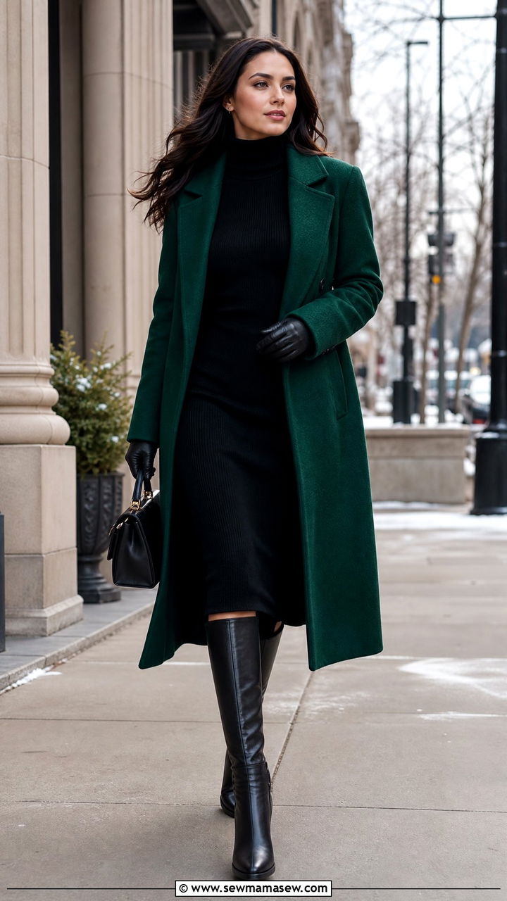 Emerald Coat Over Black Dress - 30 Emerald and black outfit ideas