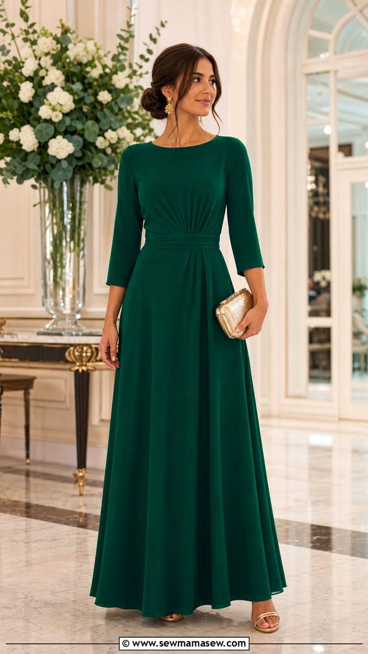 Emerald Green A Line Guest Dress with Gold Clutch - 25 Debutante ball outfit ideas