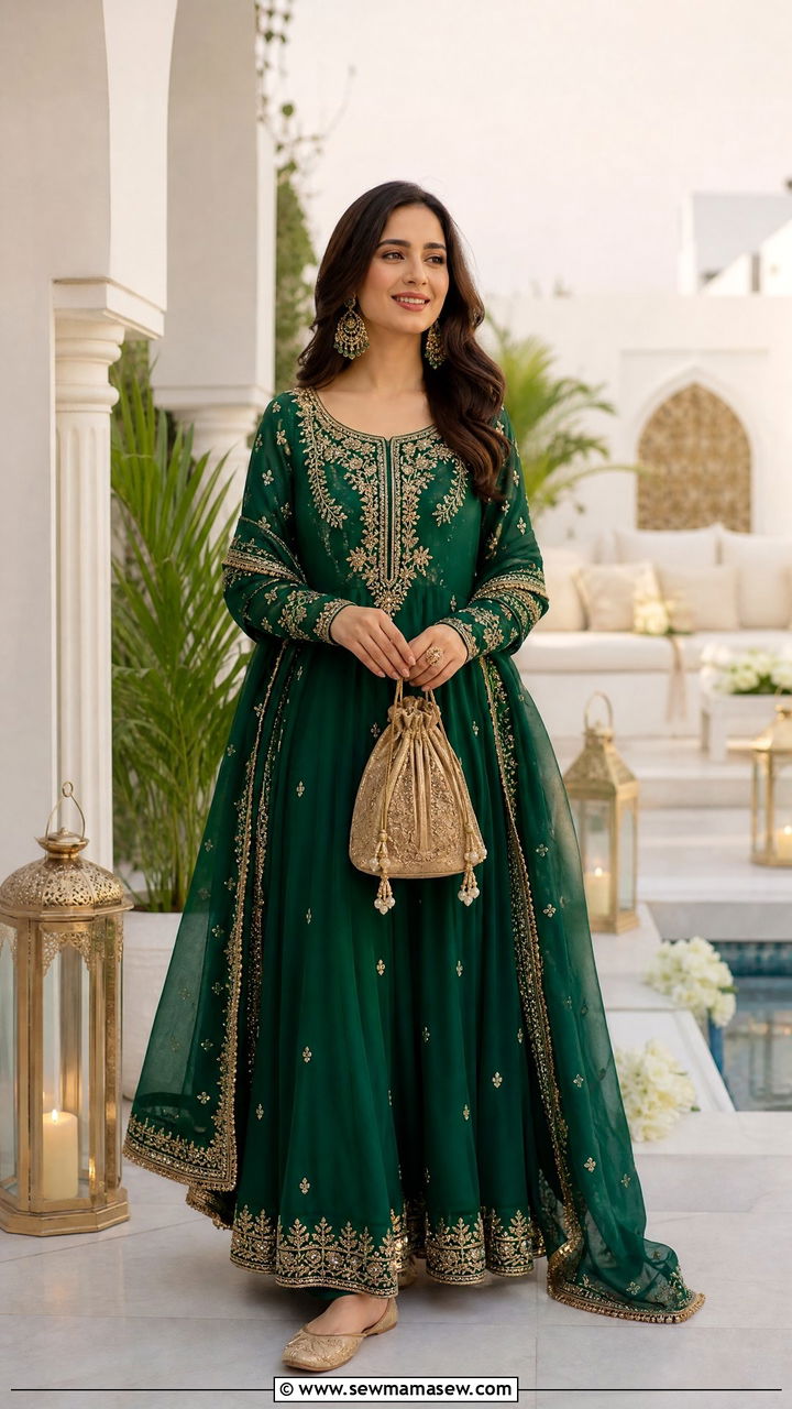 Emerald Green Anarkali Suit With Embellished Flats - 25 March Ramadan outfit ideas