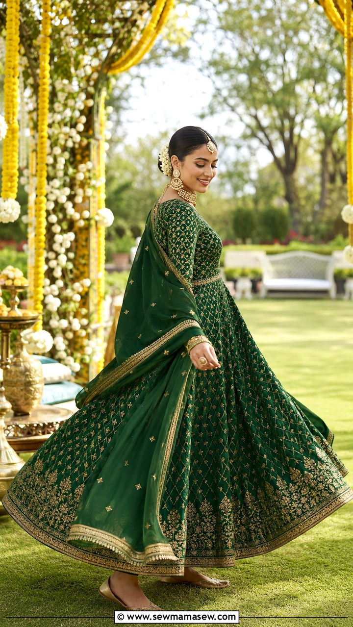 Emerald Green Anarkali Suit with Zari Work - 25 Wedding guest outfit ideas Mehndi ceremony