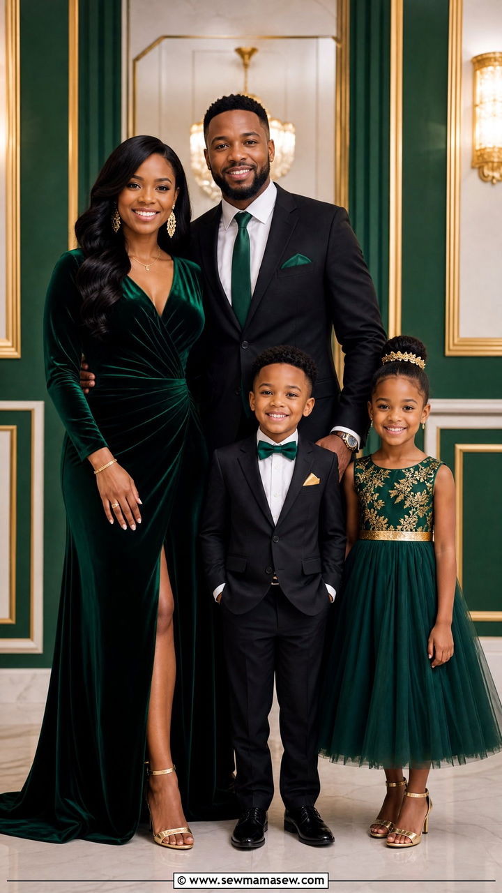 Emerald Green And Gold Family Photo Look - 30 Elegant family photo outfit ideas