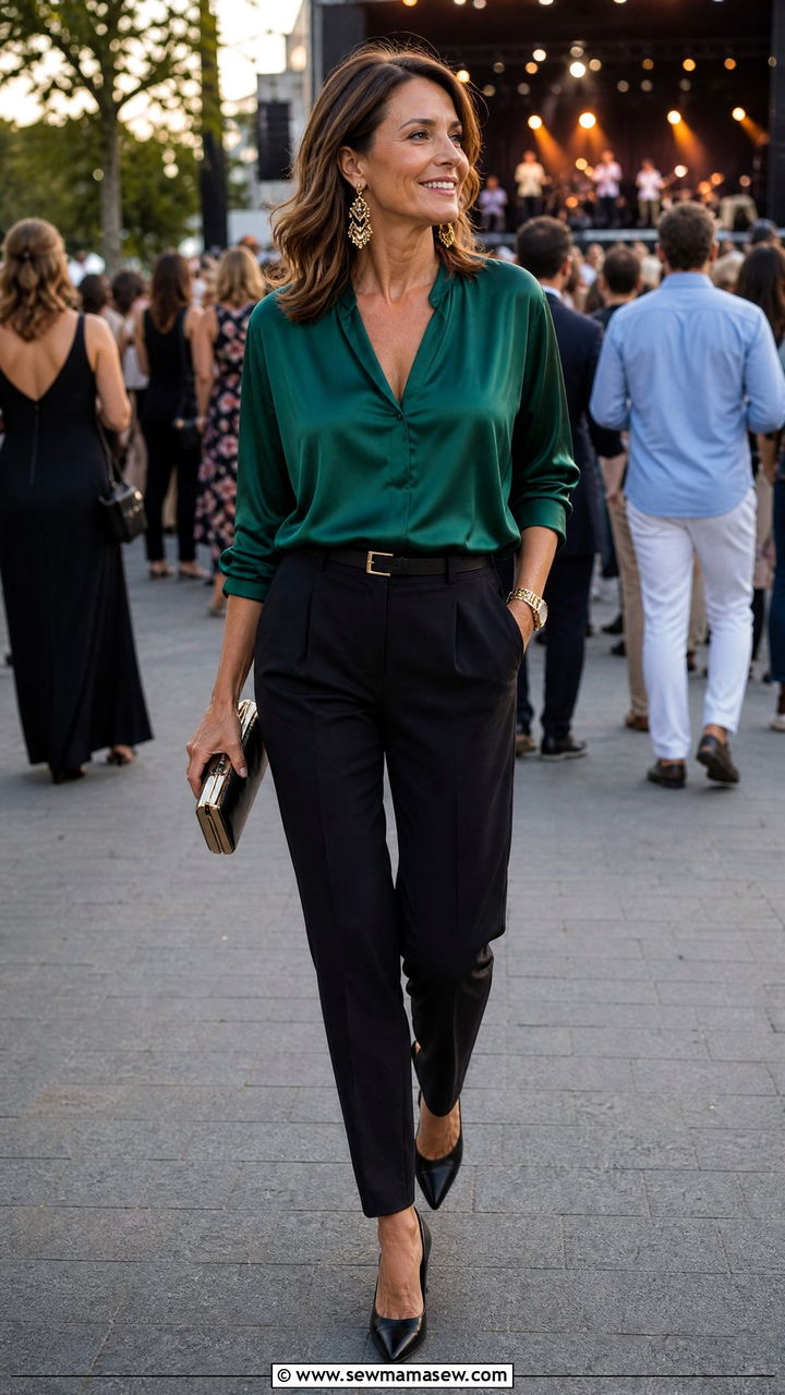 Emerald Green Blouse With Black Trousers Concert Outfit - 30 Concert outfits for women over 40