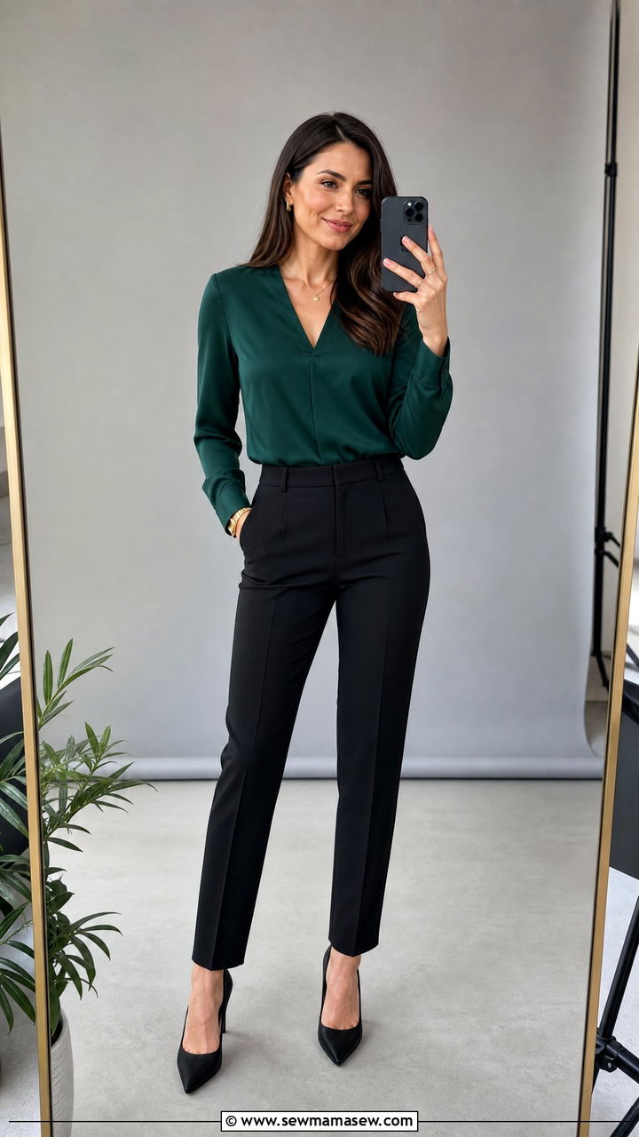 Emerald Green Blouse and Tailored Trousers - 30 Professional headshot outfit ideas for women