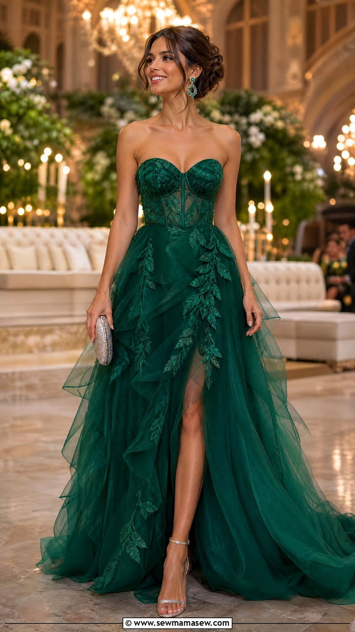Emerald Green Bustier Gown With Tulle And Leaf Appliques - 35 Green dress outfit ideas for wedding guest