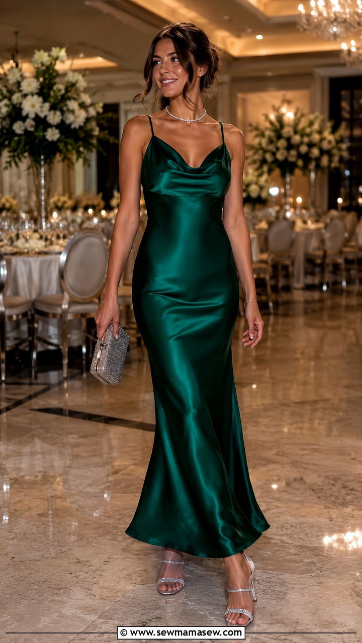 Emerald Green Cowl Neck Satin Dress Wedding - 25 Wedding guest outfit ideas emerald green dress
