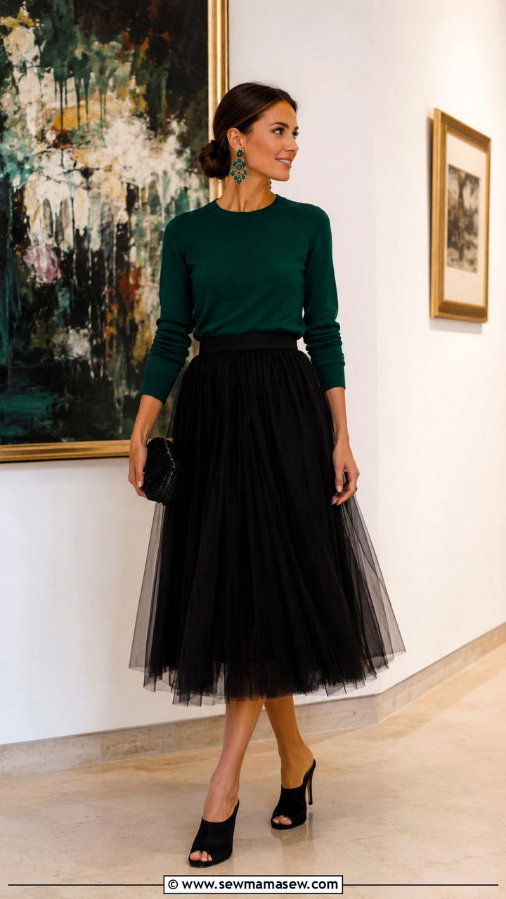 Emerald Green Fine Knit Sweater With Black Tulle Midi Skirt - 20 Tulle skirt outfit ideas with a sweater