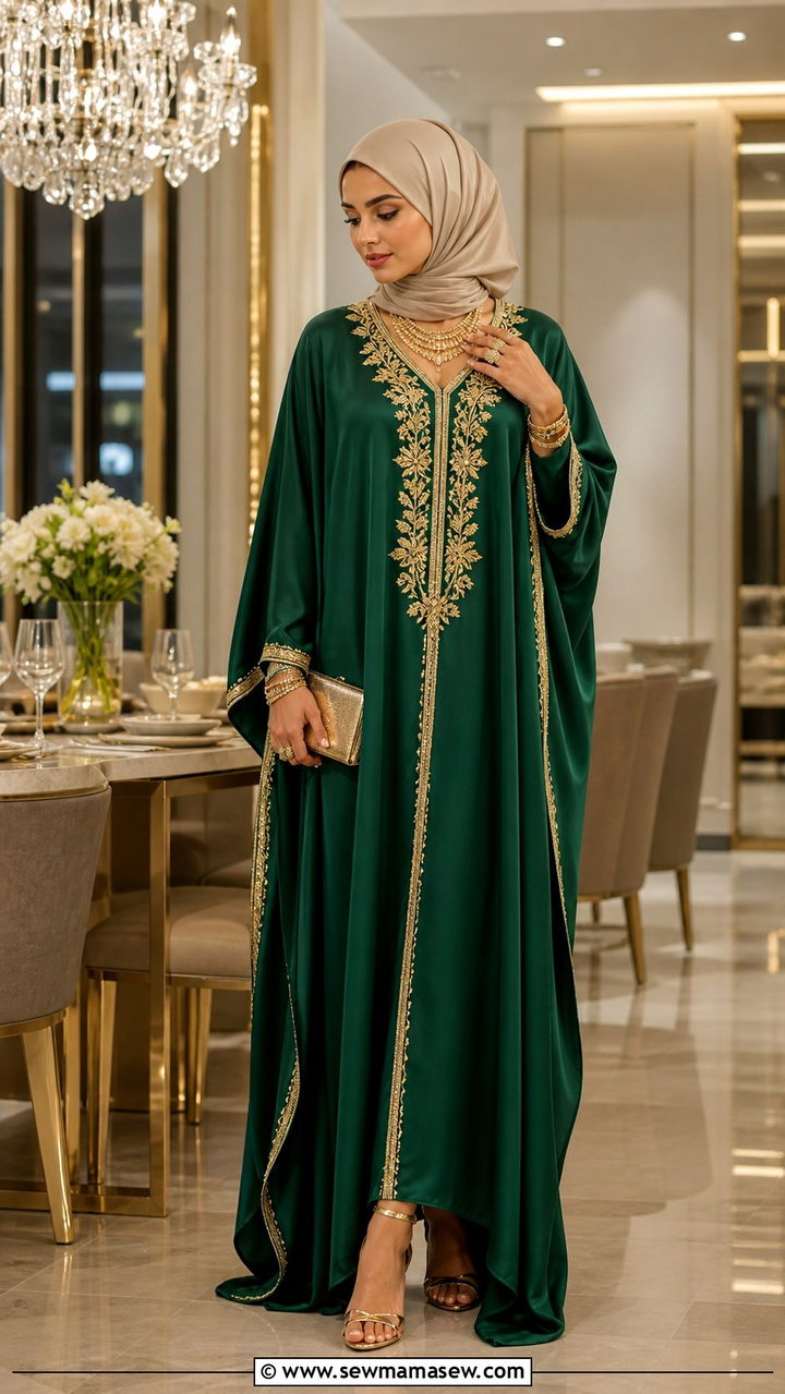 Emerald Green Kaftan With Gold Jewelry - 40 Eid outfit ideas for women