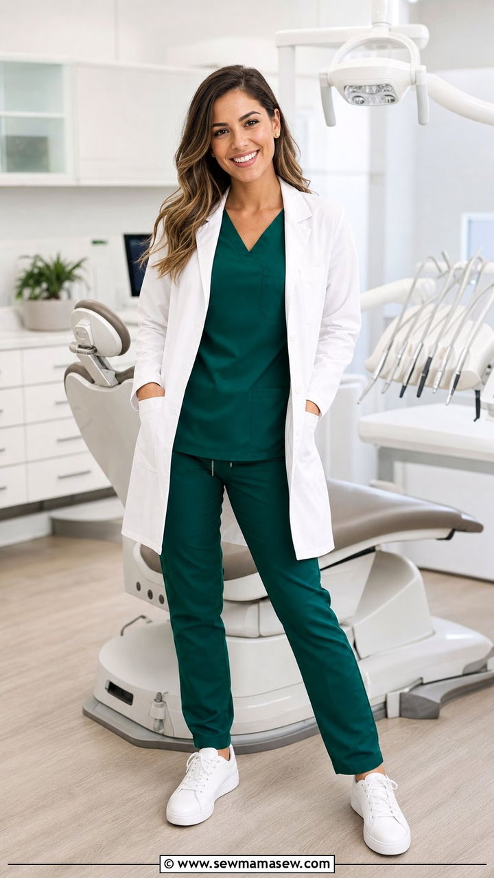 Emerald Green Matching Set With White Lab Coat - 25 Dental assistant outfit ideas