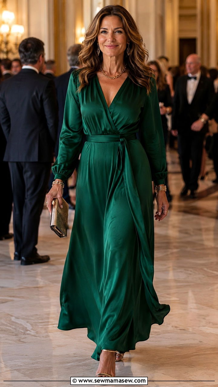 Emerald Green Maxi Dress With Gold Sandals - 30 Party outfits for women over 40