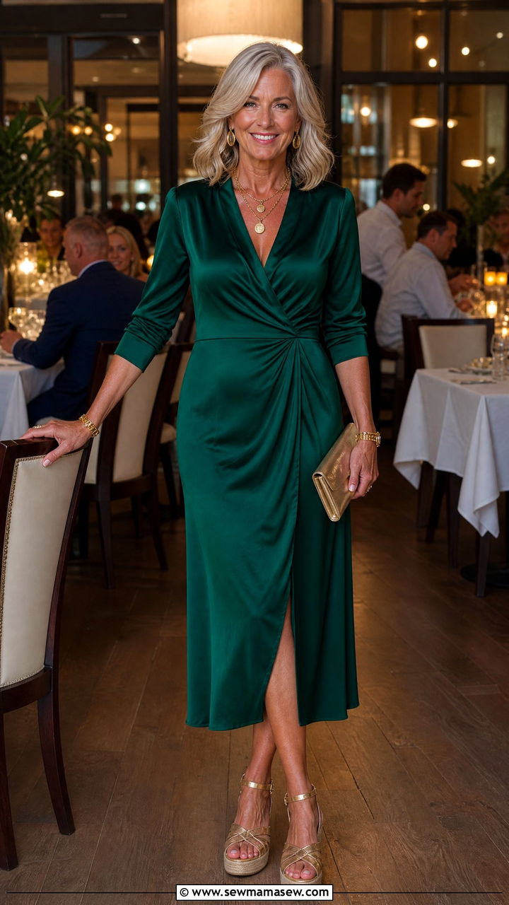 Emerald Green Midi Dress With Gold Accessories - 25 Birthday outfits for women over 50