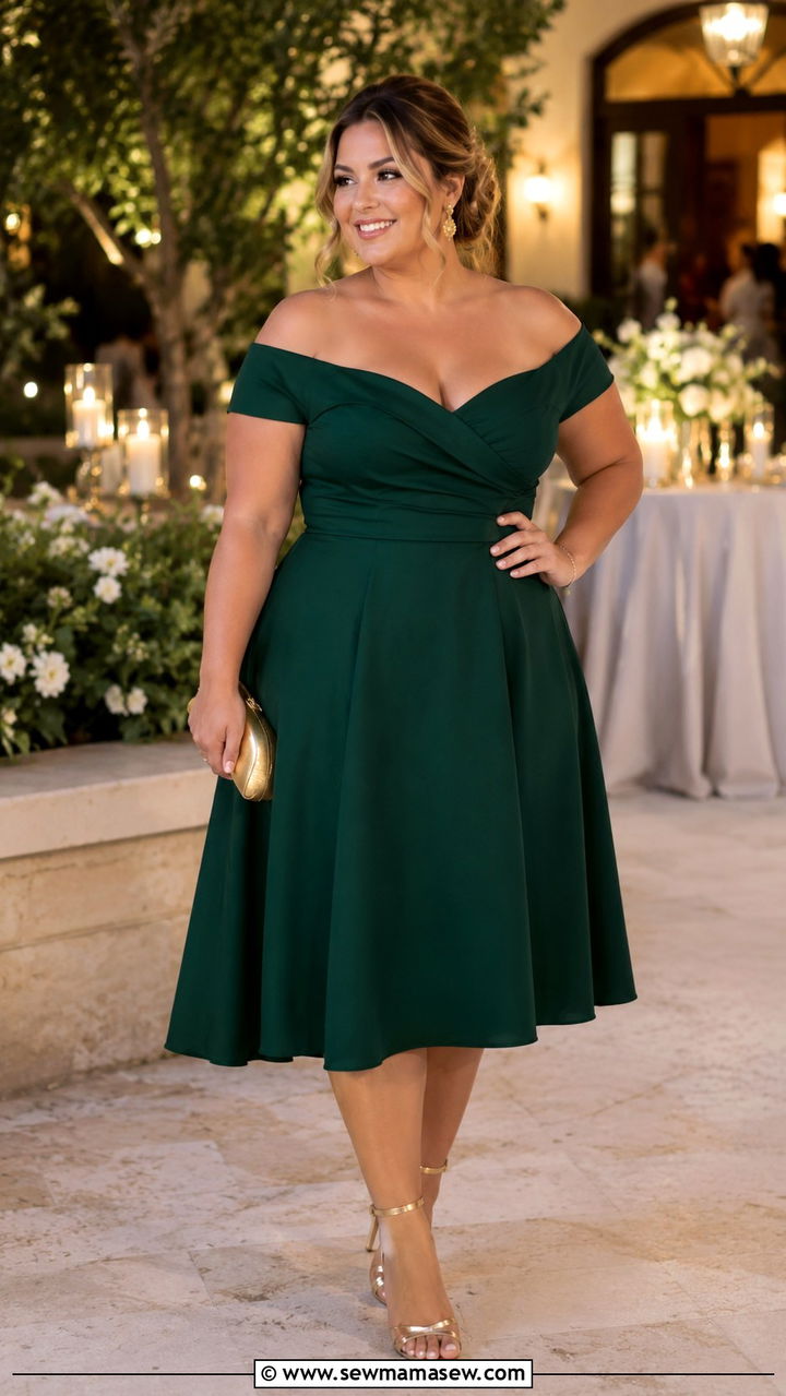 Emerald Green Off Shoulder Fit and Flare Dress With Strappy Sandals - 25 Wedding guest outfit ideas size 22