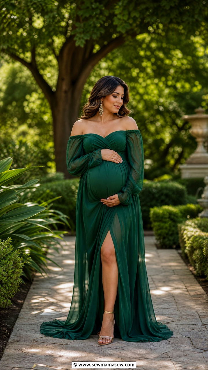 Emerald Green Off Shoulder Maternity Photoshoot Gown - 25 Maternity outfit ideas for photoshoot