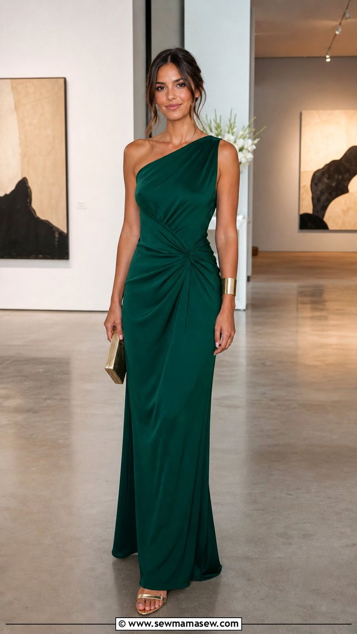 Emerald Green One Shoulder Gown With Gold Heels - 35 Black tie wedding guest outfits