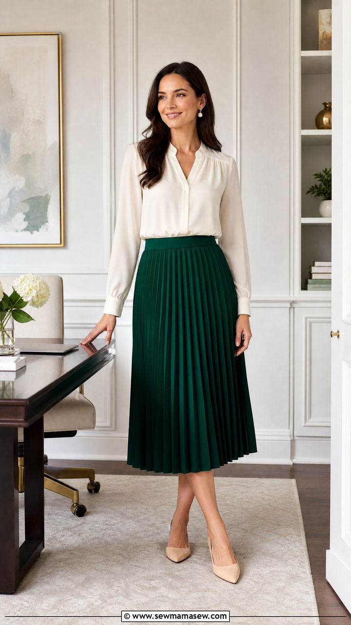 Emerald Green Pleated Midi Skirt with a Cream Blouse - 25 Green and cream outfit ideas