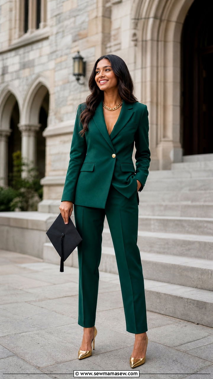 Emerald Green Power Suit With Gold Details - 25 Graduation photo outfit ideas