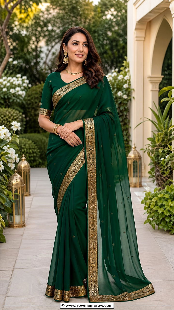 Emerald Green Saree with Gold Border and Blouse - 35 Eid outfit ideas for moms