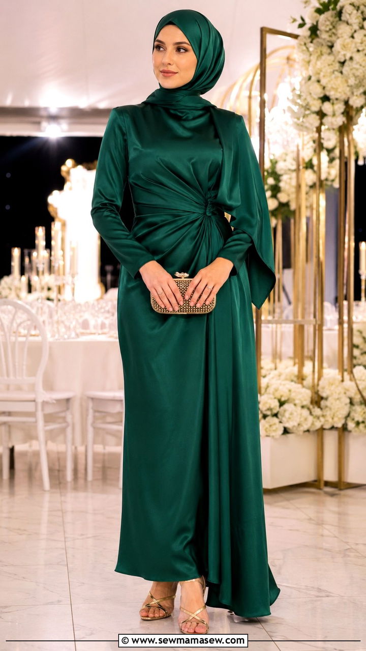 Emerald Green Satin Dress With Hijab - 30 Modest wedding guest outfit ideas with hijab