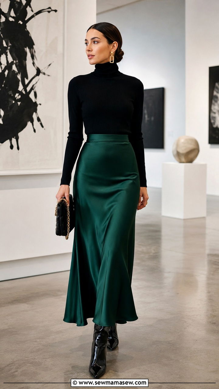 Emerald Green Satin Skirt With Black Turtleneck - 20 anniversary dinner outfit ideas