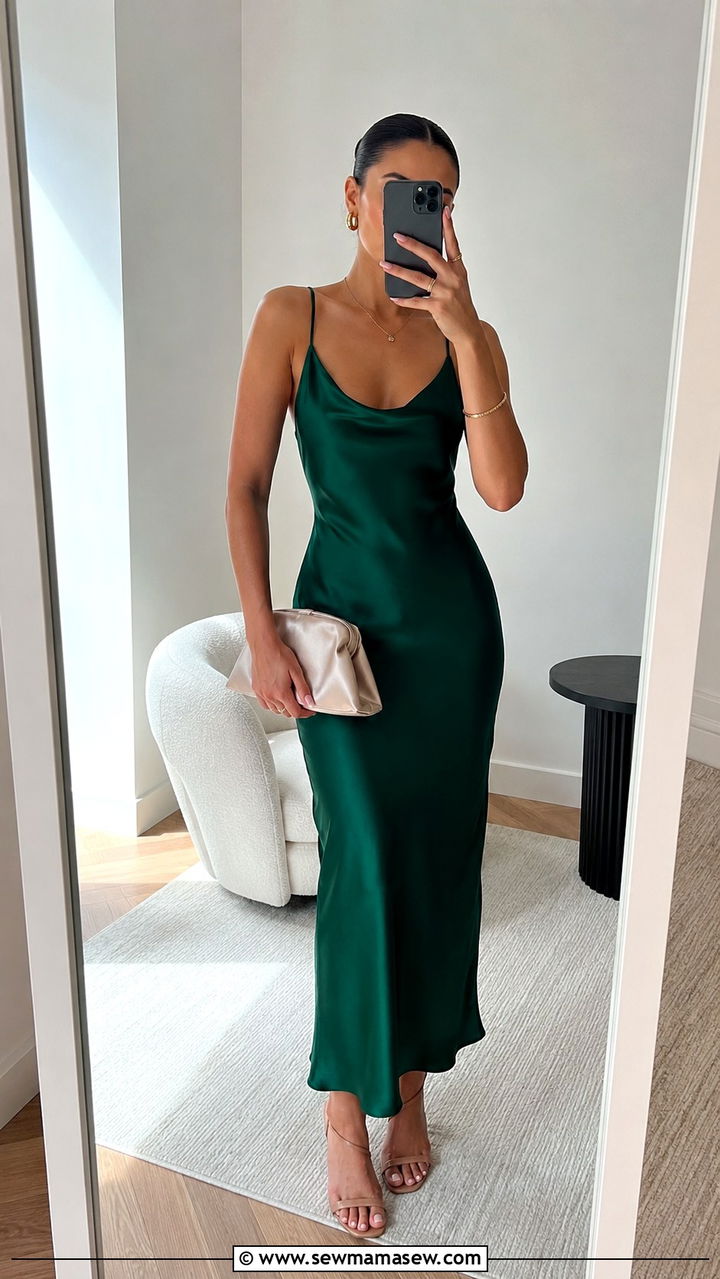 Emerald Green Satin Slip Dress With Neutral Heels - 20 Green dress outfit ideas summer 2026