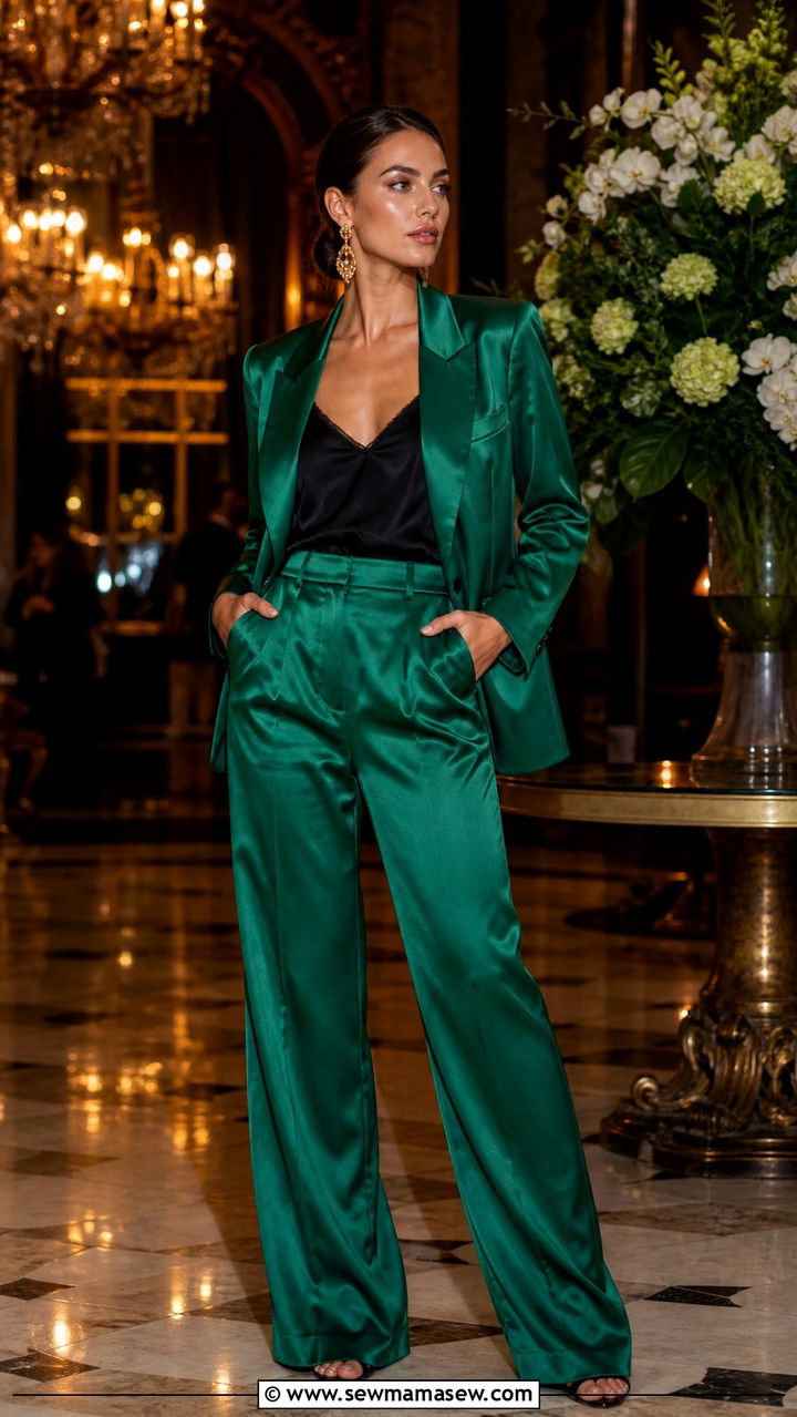 Emerald Green Satin Suit - 40 Boss lady outfit ideas