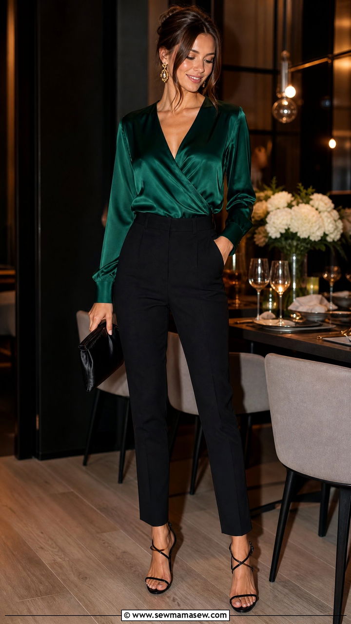 Emerald Green Satin Wrap Blouse With Black Trousers - 25 classy classy outfits