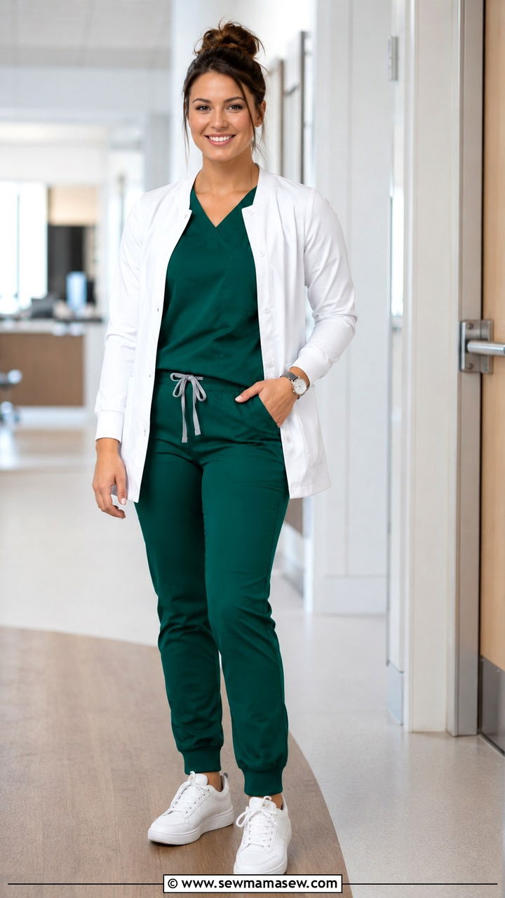 Emerald Green Scrub Set With A White Nursing Jacket - 25 Nursing student outfit ideas