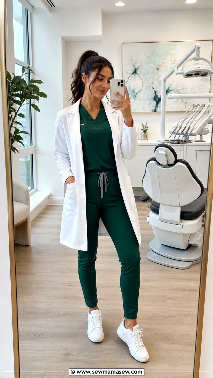 Emerald Green Scrub Set With White Lab Coat - 40 Dentist outfit ideas