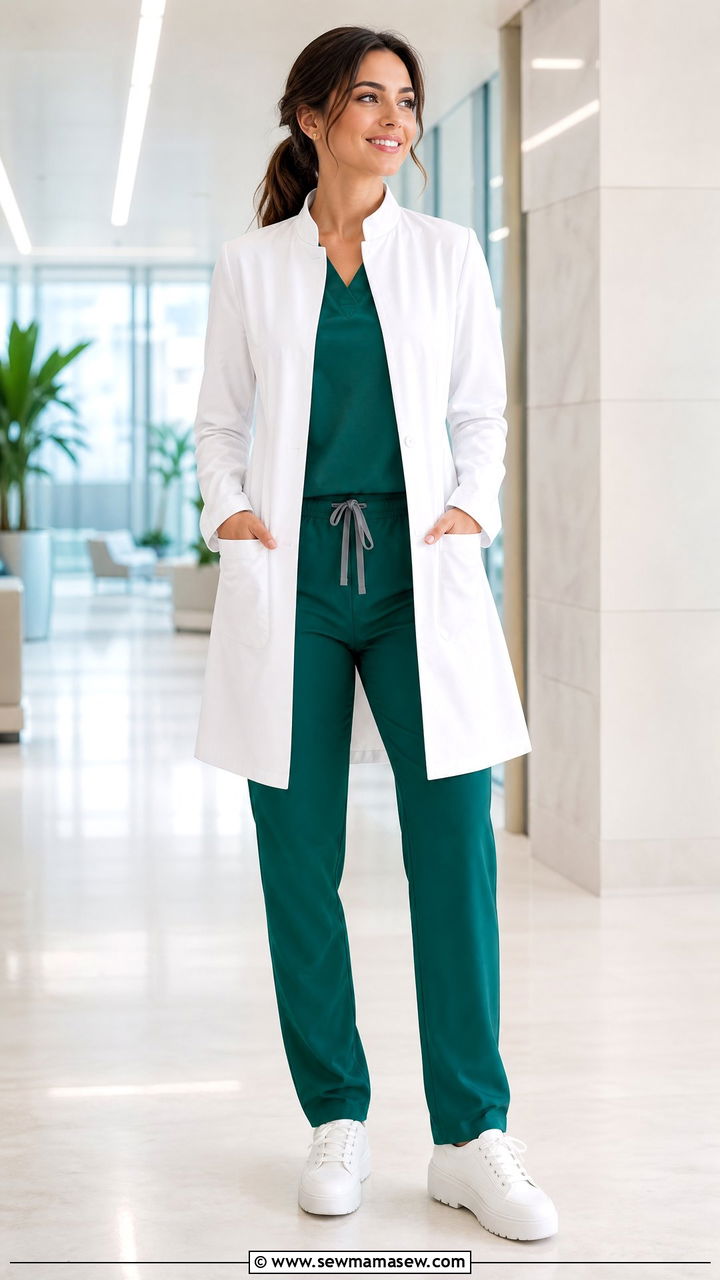 Emerald Green Scrubs With White Coat Doctor Outfit - 25 Female doctor outfit ideas