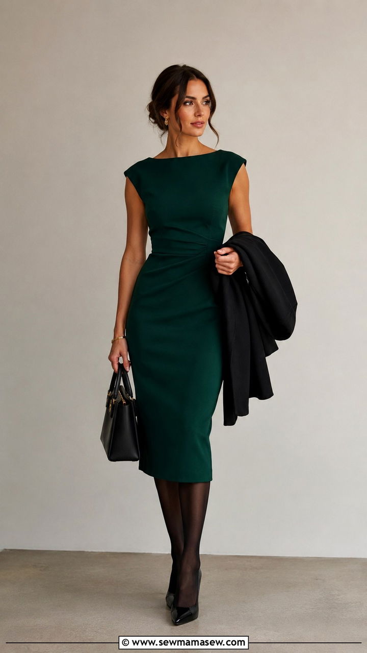 Emerald Green Sheath Midi Dress With Black Tights and Heels - 30 Midi dress for work outfit ideas