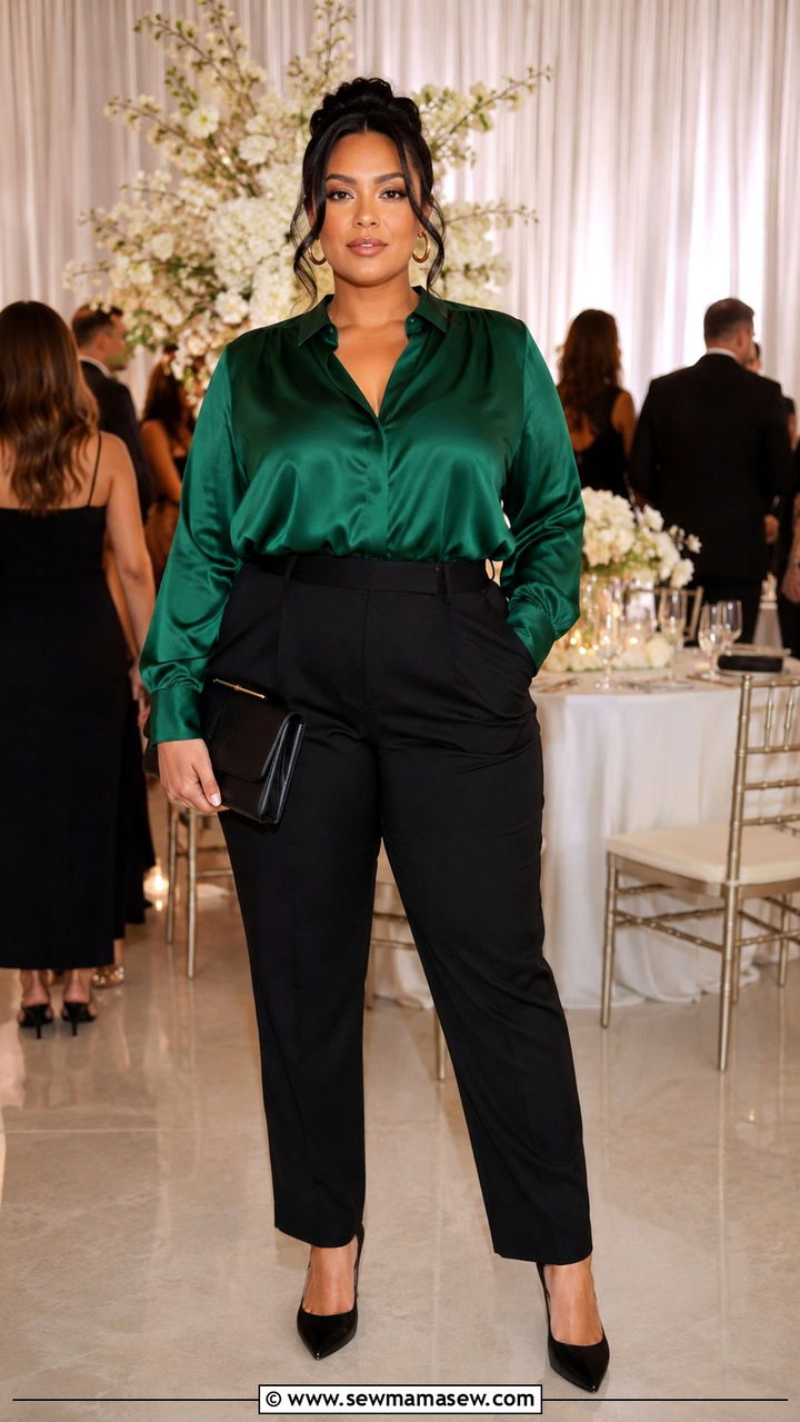 Emerald Green Silk Blouse with Tailored Trousers and Gold Jewelry - 30 Plus size wedding guest outfits spring