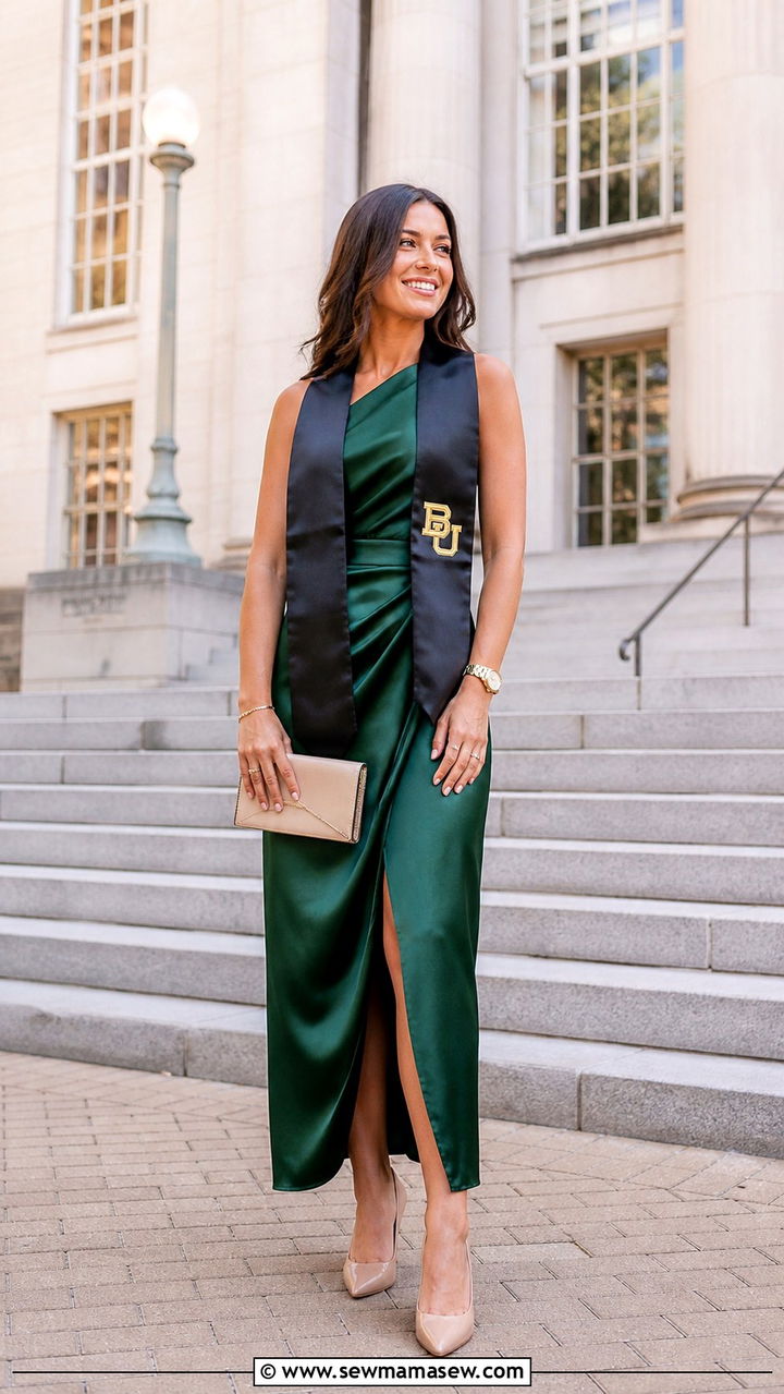 Emerald Green Silk Dress with Nude Pumps - 40 Graduation outfit ideas