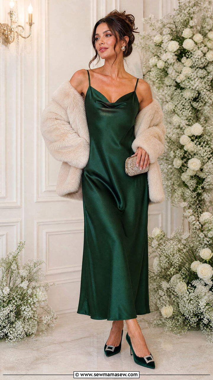 Emerald Green Slip Dress With Faux Fur Coat And Velvet Heels - 25 How to style a slip dress for a wedding