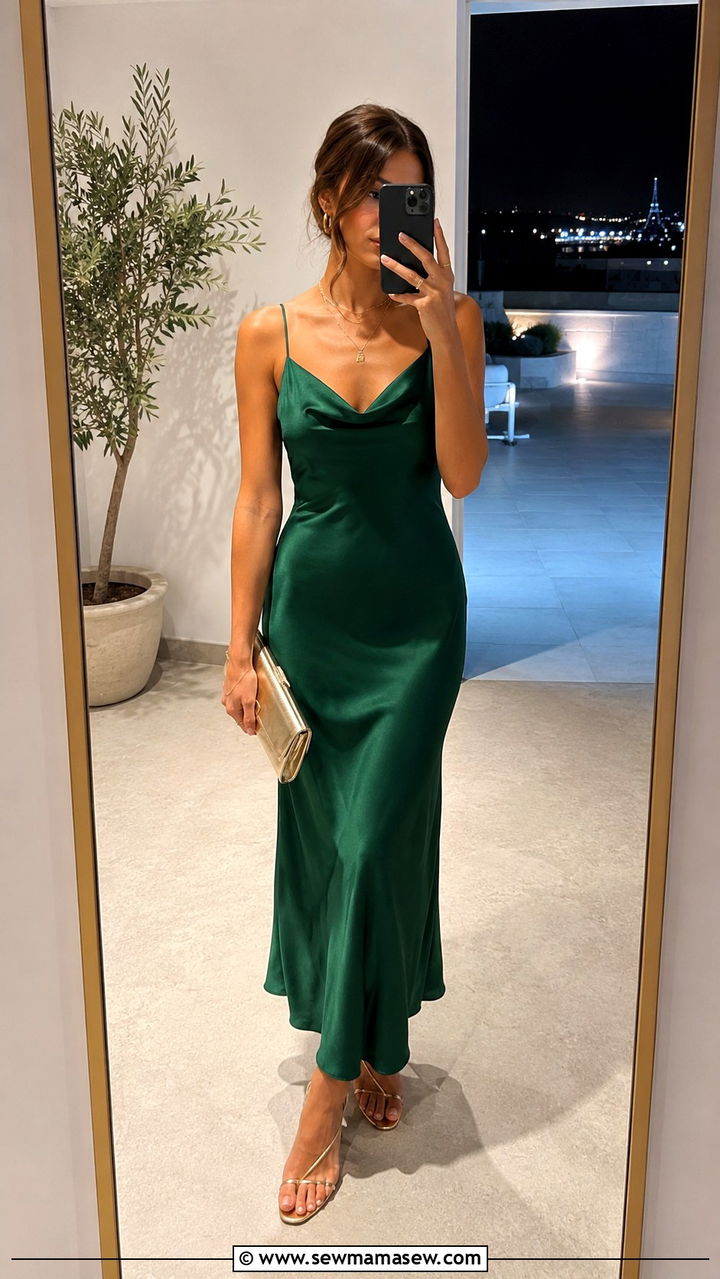 Emerald Green Slip Dress with Strappy Sandals for Rooftop Wedding - 30 Rooftop wedding guest outfit ideas