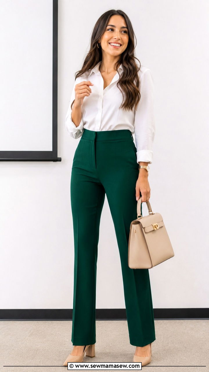 Emerald Green Suit Pants With White Blouse - 20 Psychologist outfit ideas