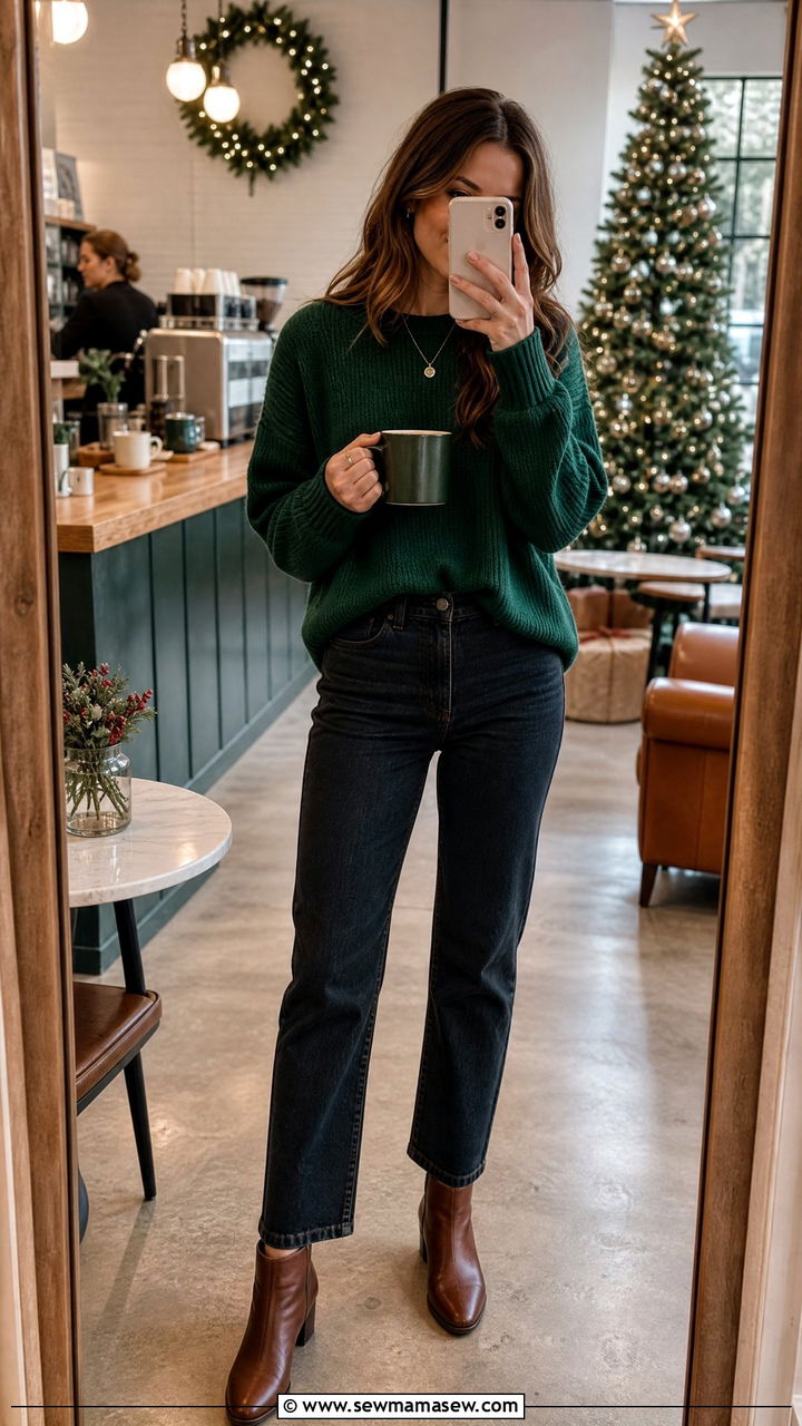 Emerald Green Sweater and Dark Jeans Barista Outfit - 20 Barista outfit ideas
