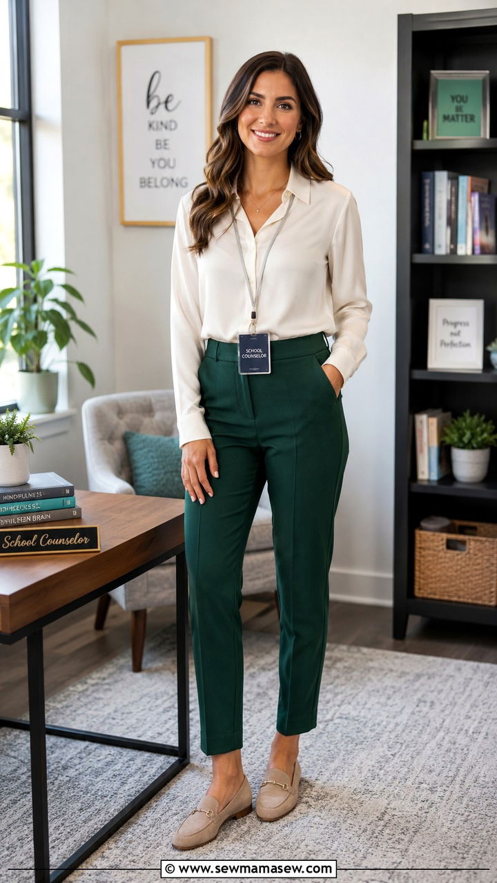 Emerald Green Trousers Neutral Silk Blouse Suede Loafers - 30 School counselor outfit ideas