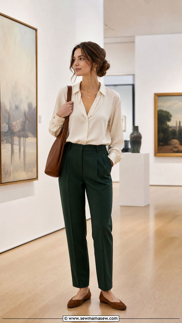 Emerald Green Trousers With Silk Blouse - 35 librarian core outfits
