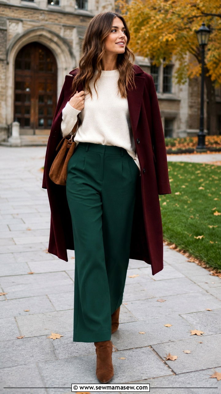 Emerald Green Trousers and Burgundy Coat Outfit - 25 Researcher outfit ideas