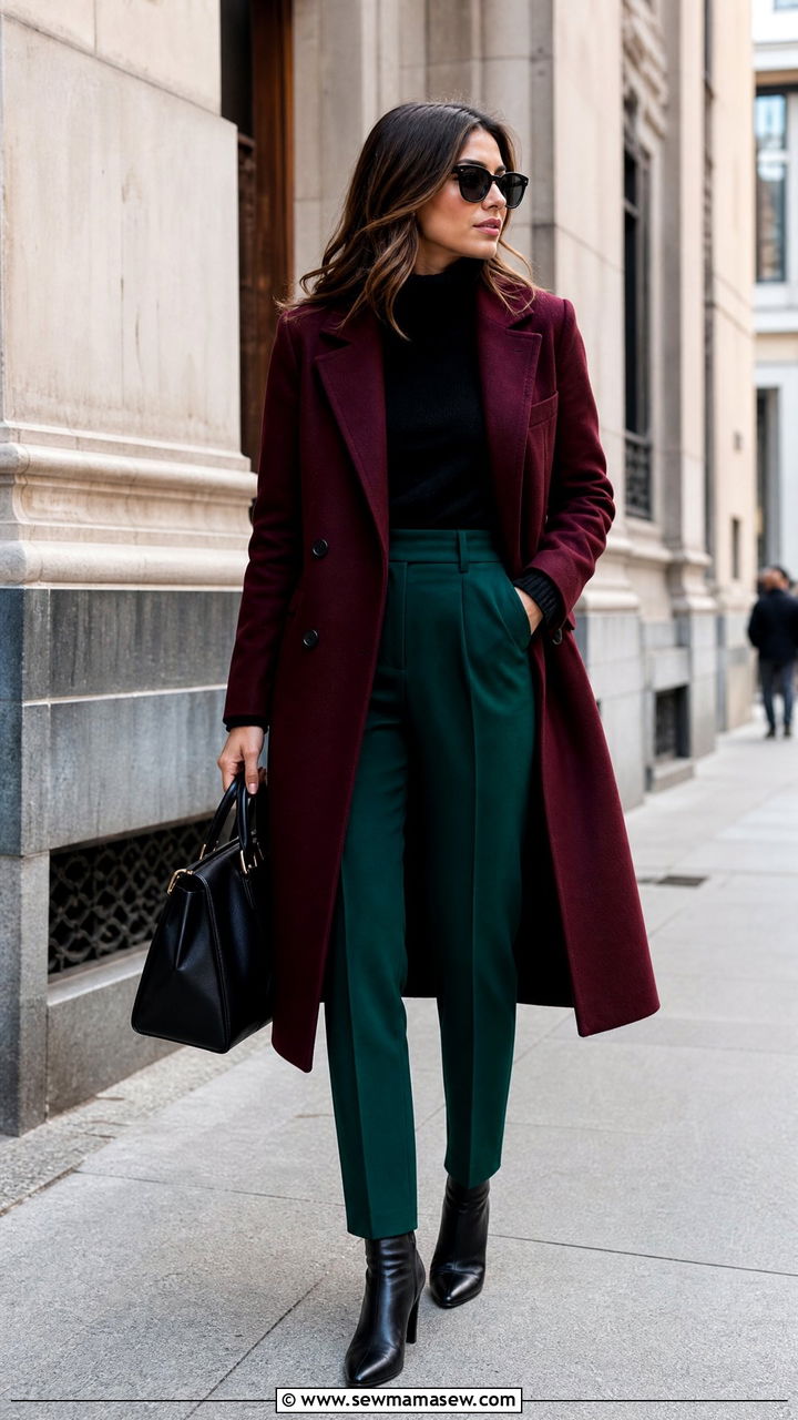 Emerald Green Trousers and Burgundy Coat - 25 librarian core outfits aesthetic